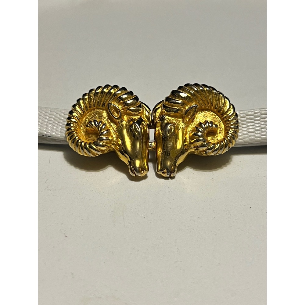 Vintage Jean Vitau Ram Head Belt White Textured Strap Gold Buckle Size‎ 39